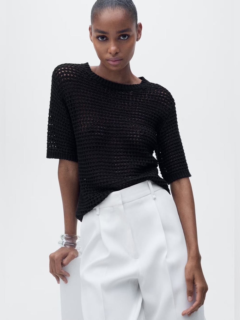 Mango Black short sleeved crochet sweater NWT